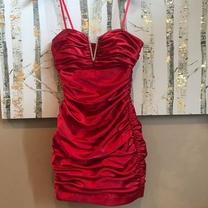 Strapless Mini Satin Red Dress w/Rhinestone